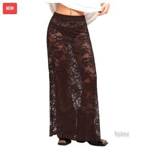 Sheer Mesh Lace Maxi Skirt Y2K See Through Flowy Long Skirt